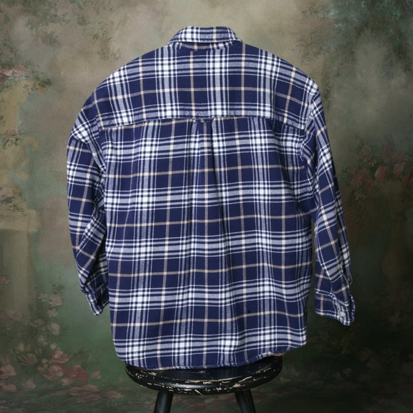 Gap Boys Flannel Button Down Shirt Navy White Khaki 2 Pocket Cozy Soft - Picture 3 of 6